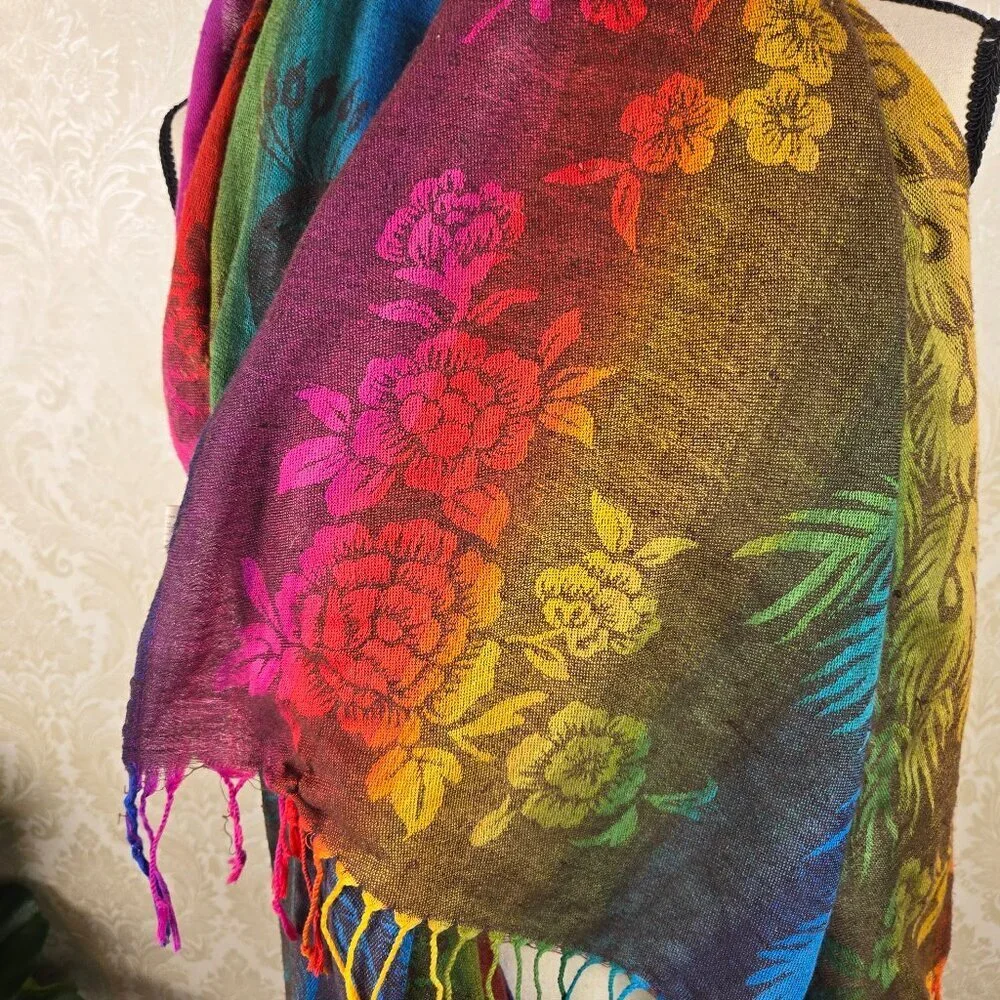 Mulitcolor Rainbow Peacock Floral Themed Oblong Scarf Fringed Ends Lightweight